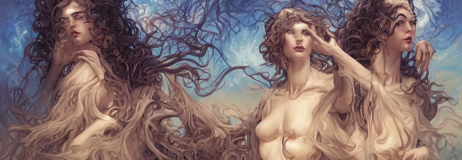 Prompt: paradise beach, by Charlie Bowater, Karol Bak, Greg Hildebrandt, Jean Delville, and Mark Brooks, Art Nouveau, Neo-Gothic, gothic, rich deep moody colors