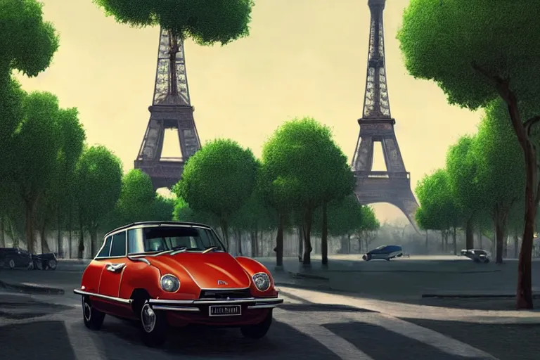 Image similar to a wholesome animation key shot of!! one!! focused! 1 9 7 4 citroen ds! in a tree lined paris street with a view of eiffel tower, medium shot, studio ghibli, ( pixar ) and disney animation, sharp, very detailed, high resolution, rendered in unreal engine 5, anime key art by greg rutkowski, bloom, dramatic lighting