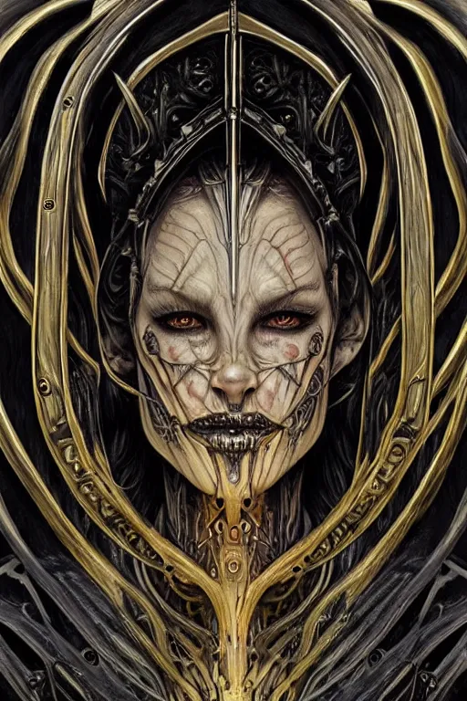 Prompt: Elden Ring and Doom themed painting of majestic chromatic biomechanical anatomical elven female hybrid beautiful ethereal angel symmetrical neutral mask closeup face tattoo pattern golden ratio concept, Neo-Gothic concept, infinity glyph waves, intricate artwork masterpiece, very coherent artwork, cinematic, full frontal facial features by Artgerm, art by H.R. Giger, Takato Yamamoto, Zdizslaw Beksinski, Johnatan Wayshak, Moebius, Ayami Kojima, very anatomically coherent artwork, trending on cgsociety, ultra high quality model, production quality cinema model, high detail chromatic ink outline, octane render, unreal engine 8k, hyper realism, high detail, octane render, unreal engine, 8k, High contrast