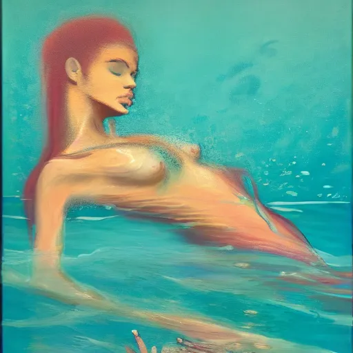 Image similar to underwater beauty silhouette drowning in a turquoise wavy sea, feminine, healing, appeasing, waves, tsunami, she loves another one, mental health, oil painting, by francis bacon, emotional conflict, hd, 8 k, trending on artstation, paradoxal, perfect framing, neo - expressionism, expressive