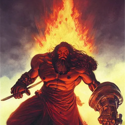 Prompt: head and shoulders portrait of a black helmed fire giant with a beard of fire and a giant sword, d & d, fantasy, greg rutkowski, frank frazetta, alexandre chaudret, boris vallejo, michael whelan, miro petrov, hr giger, magali villeneuve, donato giancola