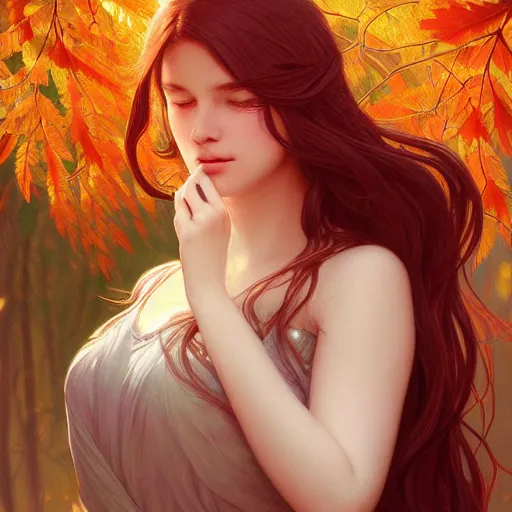 Image similar to girl with super long hair, hair becoming autumn red leaves, intricate, highly detailed, digital painting, artstation, concept art, smooth, sharp focus, illustration, unreal engine 5, 8 k, art by artgerm and greg rutkowski and alphonse mucha