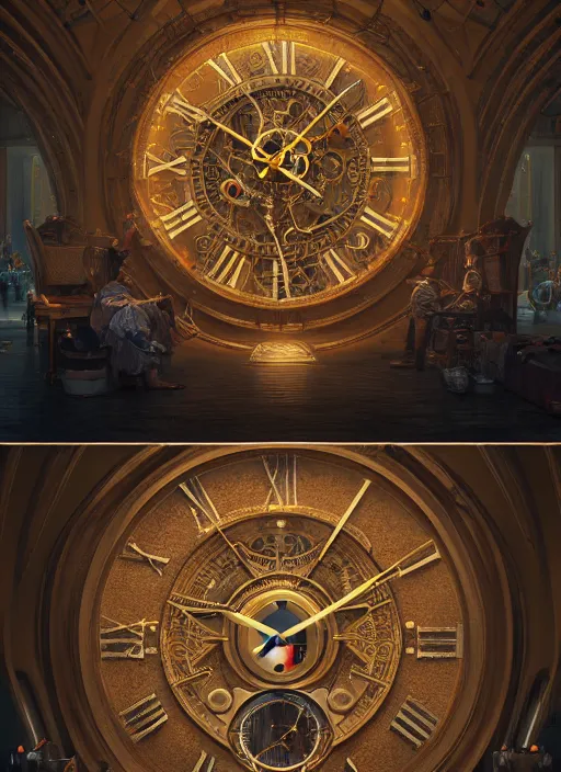 Image similar to the clocks made of men, au naturel, hyper detailed, digital art, trending in artstation, cinematic lighting, studio quality, smooth render, unreal engine 5 rendered, octane render, art style by klimt and nixeu and ian sprigger and wlop and krenz cushart