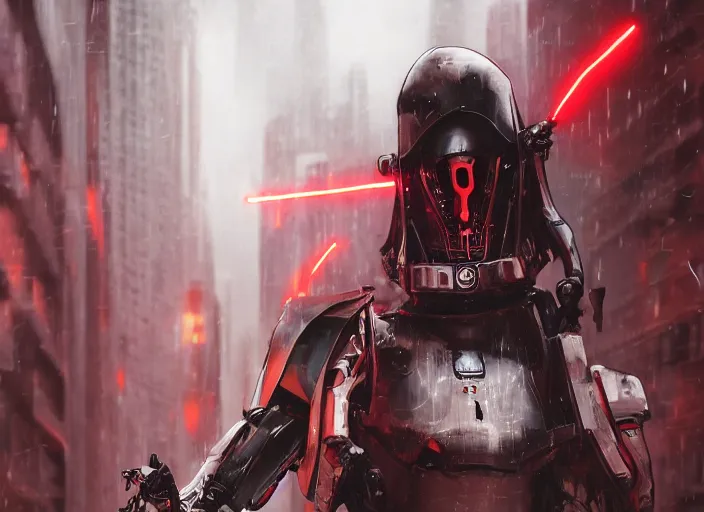 Image similar to 3 5 mm portrait photo of ( general grievous )!! with heavy duty biomechanical cybernetic body with many red lightsabers in the city in the rain. cyberpunk horror in the style of george lucas.