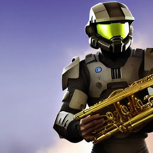 Image similar to kenny g as master chief, epic, saxophone, cinematic, realism, ultra detailed, 8 k