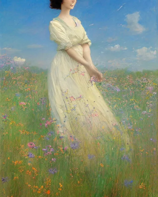 Prompt: A realistic painting of a beautiful anime woman standing in a large field of wildflowers background by Frank Weston Benson and Miyazaki Hayao, wind blowing