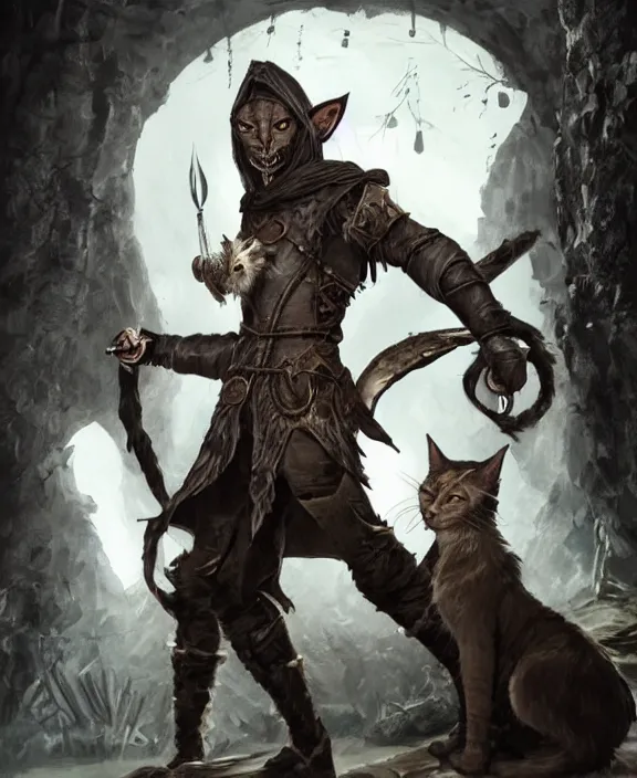 Prompt: humanoid male khajiit rogue with a scar on left eye, wearing leather armor with a hood, mainecoon cat features with jet black fur, far - mid shot, magic the gathering, fantasy