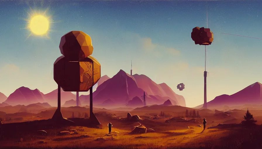 Prompt: space antennas, sun in the sky, early morning, open field, mountains in the background, hexagon blocking the sun, simon stalenhag, art deco painting