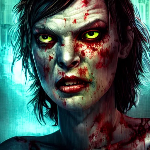 Image similar to angry zombie portrait of milla jovovich, a urban city background, grimdark horror, stylized digital illustration, radiating a glowing aura, global illumination, ray tracing, hdr, fanart arstation by ian pesty and katarzyna bek - chmiel