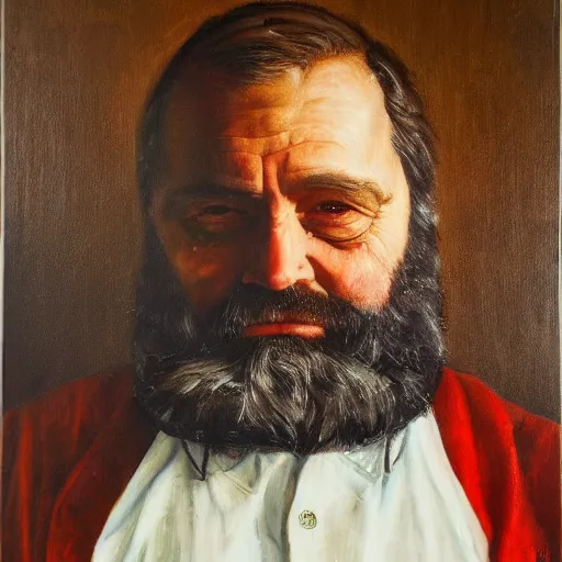Prompt: realistic portrait painting of an old bearded man, centered composition, identical gazing eyes, oil on canvas