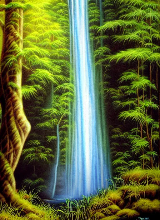 Image similar to a painting of a waterfall in a forest, an airbrush painting by terry redlin, deviantart, metaphysical painting, airbrush art, detailed painting, oil on canvas