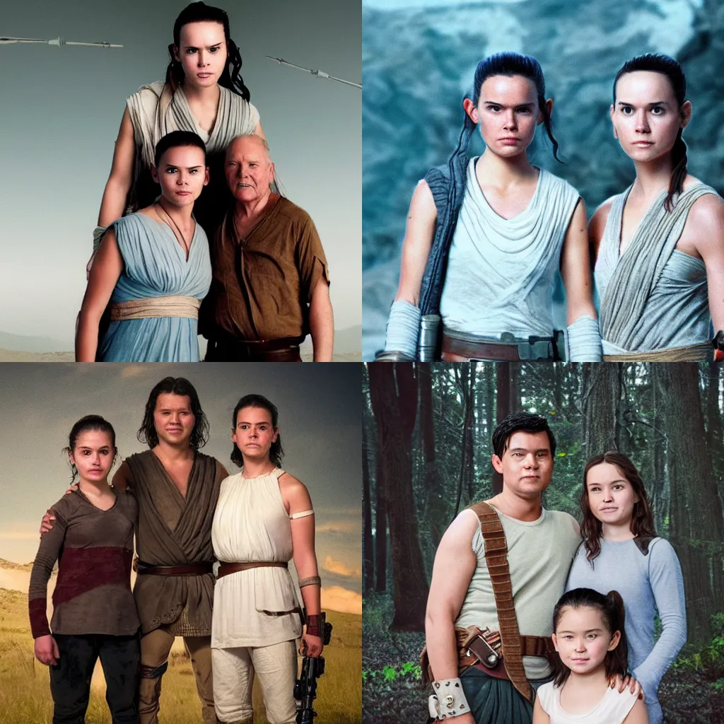 Prompt: family portrait of rey from star wars with her parents high quality photography