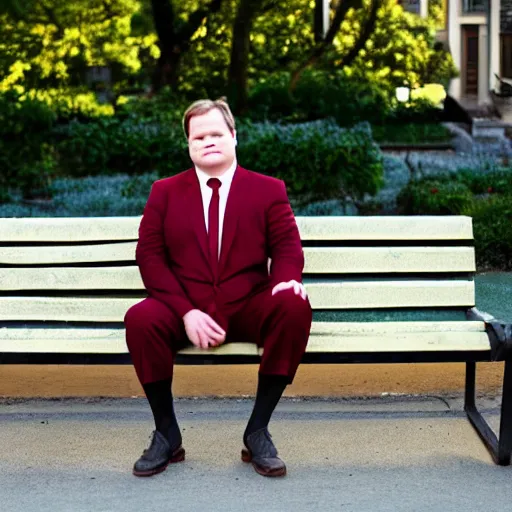 Prompt: andy richter wearing a brick red suit and necktie, sitting on a park bench holding a sandwich, he his balding. golden hour afternoon