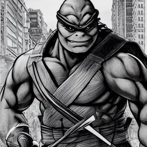 Prompt: portrait leonardo from ninja turtles by yusuke murata and masakazu katsura, artstation, highly - detailed, cgsociety, pencil and ink, fighting pose, city in the background, dark colors, detailed face