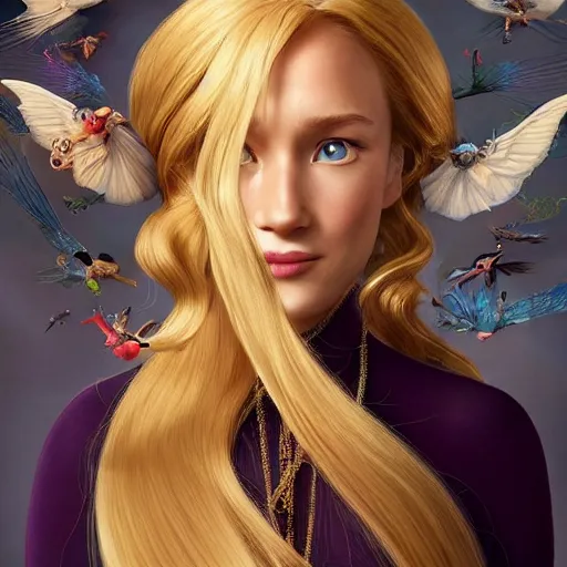 Image similar to disney princess with long blonde hair wearing elegant silk dress yelling at xbox : : weta disney pixar movie still photo : : hi - fructose, decadent highly - detailed digital painting, symmetrical face, golden ratio, octane render, artstation, smooth, sharp focus, artgerm, mucha, loish, wlop