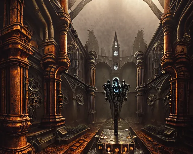 Image similar to steam necropolis, memento mori, gothic, neo - gothic, art nouveau, hyperdetailed copper patina medieval icon, stefan morrell, philippe druillet, ralph mcquarrie, concept art, steampunk, unreal engine, detailed intricate environment, octane render, moody atmospherics, volumetric lighting, ultrasharp, ominous, otherworldly