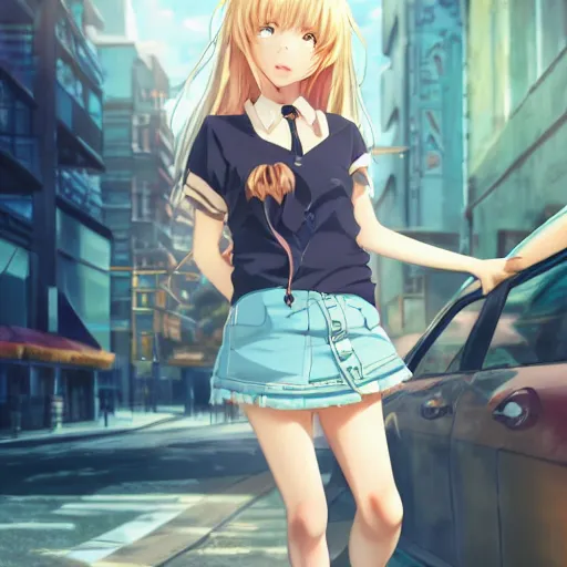 Image similar to a very beautiful anime girl, full body, long golden hair, sky blue eyes, full round face, short smile, mini jeans skirt, cute top, urban setting, cinematic lighting, medium shot, mid-shot, highly detailed, trending on Artstation, Unreal Engine 4k, cinematic wallpaper by Stanley Artgerm Lau, WLOP, Rossdraws, James Jean, Andrei Riabovitchev, Marc Simonetti, and Sakimichan