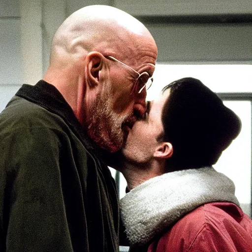 Prompt: Walter White kissing Mike Ehrmantraut