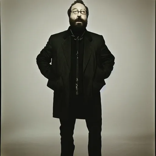 Image similar to Singing Tthhoomm Yyoorrkkee, with a beard and a black jacket, a portrait by John E. Berninger, dribble, neo-expressionism, uhd image, studio portrait, 1990s