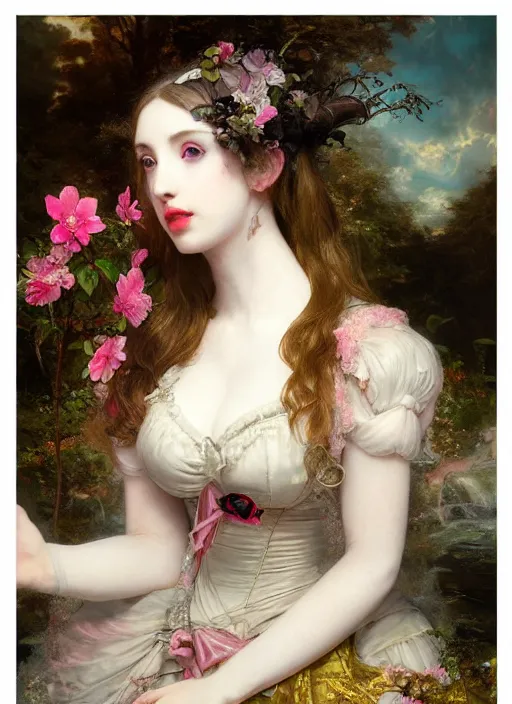 Image similar to Amouranth as an evil princess by Frederick Edwin Church and James Jean, rule of thirds, seductive look, beautiful, in Harajuku Japan during sakura season, masterpiece, Refined