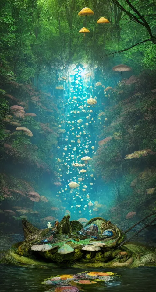 Prompt: mandelbulb, octane render, river, large toad in astral projection, mushrooms, cinema 4 d, art by beeple, ultra realistic, photo realistic, unreal engine, beautiful, forest, 4 k