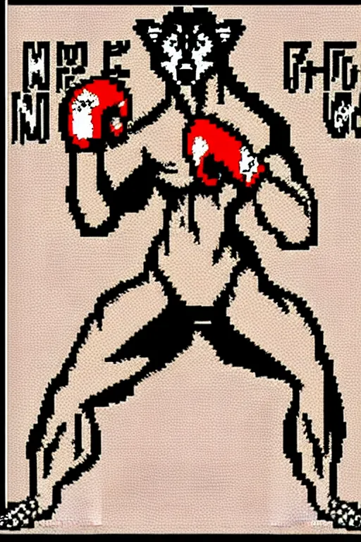 Image similar to extreme long shot. 8 bit nes graphics. hermann nitschantropomorphic muscular masculine wolf. kickboxer fighter, in shorts. wolf head. art from nes game cartridge,