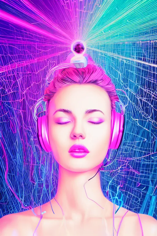 Image similar to a award winning half body portrait of a beautiful woman with stunning eyes in a croptop and cargo pants with ombre purple pink teal hairstyle dancing while listening to music with headphones on her ears by thomas danthony, surrounded by whirling illuminated lines, outrun, vaporware, shaded flat illustration, digital art, trending on artstation, highly detailed, fine detail, intricate