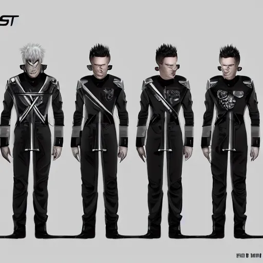 Image similar to Group art of Starset in sci fi uniforms; hyper realistic, high detail, unreal engine, artstation, deviantart