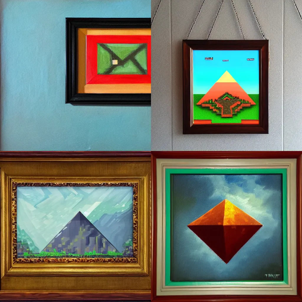 Prompt: An oil painting of Minecraft in a triangular frame hanging on the wall