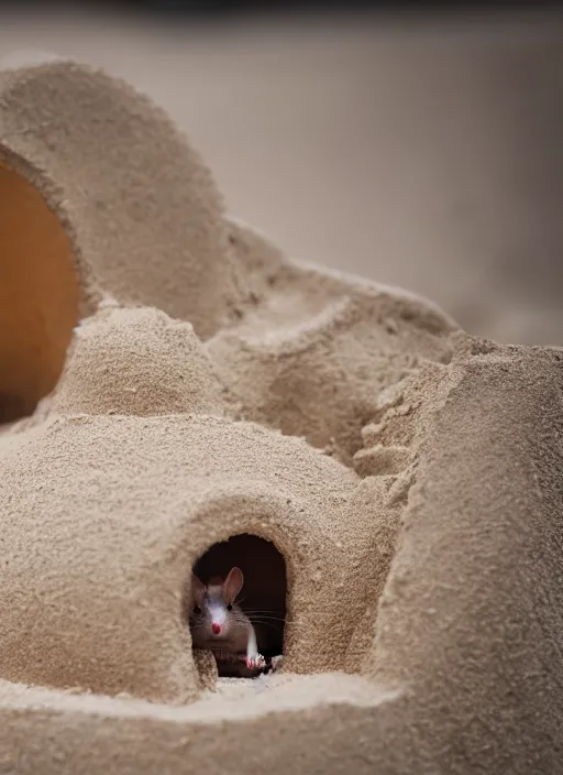 Prompt: wide dslr photo still of a mouse inside a perfect sandcastle, 8 k, 8 5 mm f 1. 4