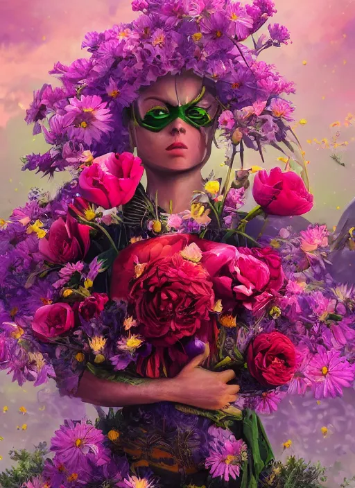 Image similar to An epic fantastic realism comic book style painting of the most beautiful flowers launched across the galaxy, bouquets, fisheye lens, unreal 5, DAZ, hyperrealistic, octane render, dynamic lighting