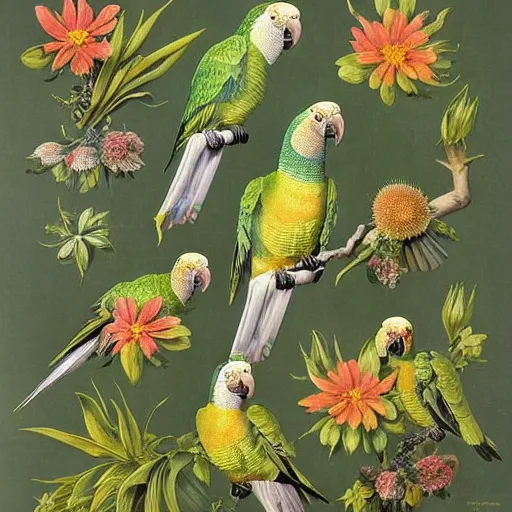 Image similar to beautiful elegant ernst haeckel fauna illustration of many greek cheek conures!!!!!! and flowers, ( greek cheek conure ) ( green cheeked parakeet ) ( pyrrhura molinae )