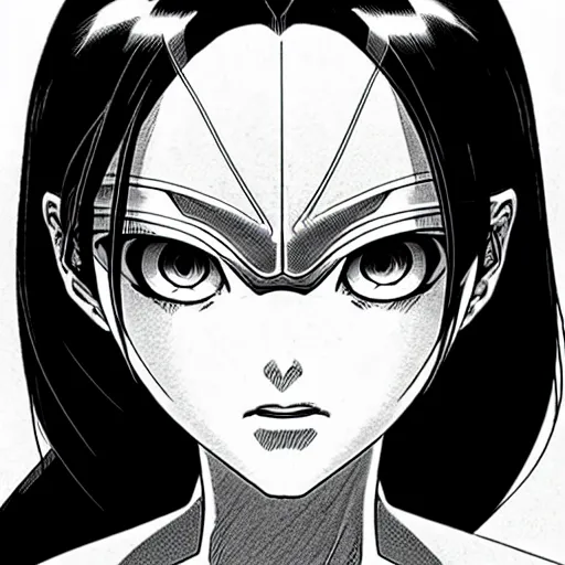 Image similar to alita by yukito kishiro. medium shot. black and white manga. pencil drawing. high detailed face