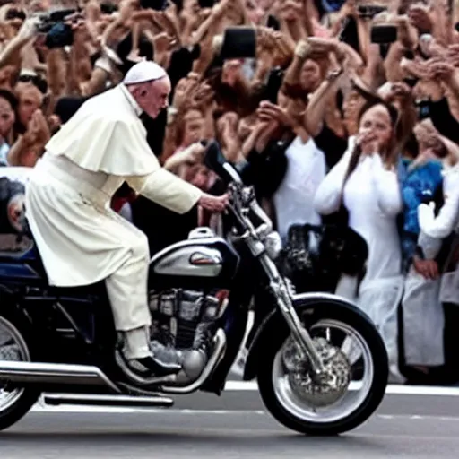 Image similar to pope francis doing a wheelie on a motorcycle with one hand and behind him muhammad