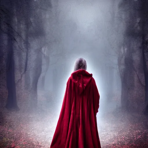 Image similar to a high detailed photo of a lady in a red cloak, seen from behind, ancient forest, mist, 35mm, photorealistic, realistic, deviantart, gloomy atmosphere, high definition