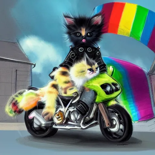 Image similar to wide angle full body, jacket wearing fluffy cute rainbow kitten wearing a black leather motorcycle jacket, riding on a motorcycle, cinematic concept art