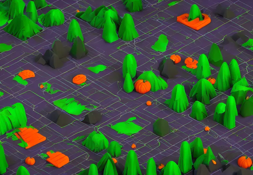 Image similar to evil forest halloween themed isometric game level, stylized, toon shader, arnold maya render