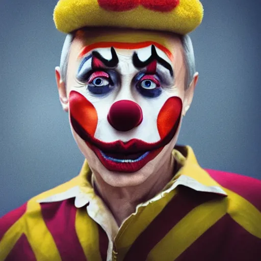 Prompt: UHD candid photo of Vladimir Putin dressed as a clown, wearing accurate clown makeup, accurate face, UHD, photorealistic, correct face, photo by Annie Leibowitz