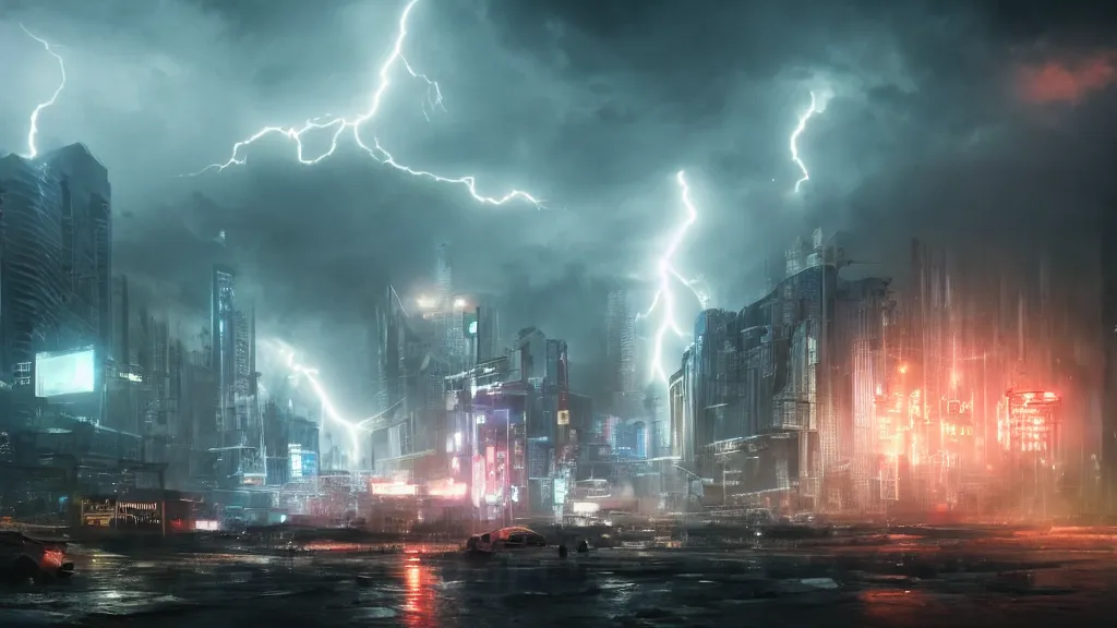 Image similar to a huge lightning strike destroying a dystopian city, cyberpunk, sharp focus, dynamic lights, still, photograph, hyper realistic, masterpiece, octane render, rendered, 3 d, cinematic, cinematic lighting, dramatic lighting, highly detailed, intricate details, texture, cinematic composition, wide shot, by donglu yu and kevin jick and eddie del rio