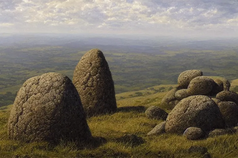 Image similar to a high hill landscape with a circle of large stones in the shape of fingers on the top, by ted nasmith