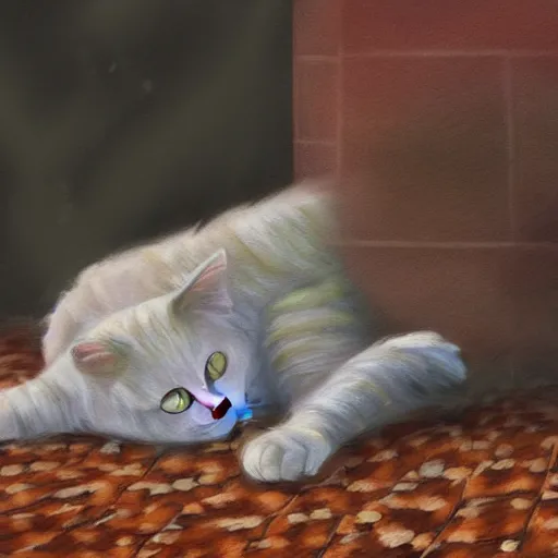 Prompt: a painting of a cat laying on the ground, a digital painting by nyuju stumpy brown, featured on pixiv, furry art, detailed painting, digital painting, speedpainting