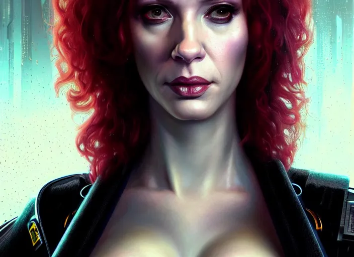 Image similar to portrait shot of a christina hendricks wearing cyberpunk clothing in cyberpunk 2 0 7 7, intricate, elegant, highly detailed, centered, digital painting, artstation, concept art, smooth, sharp focus, illustration, artgerm, tomasz alen kopera, peter mohrbacher, donato giancola, joseph christian leyendecker, wlop, boris vallejo