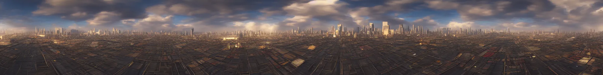 Prompt: panorama view of the cyberpunk city 360* with big cumulonimbus clouds, detailed with shadows, no sun, no ground, standing on a street, at night with light pollution