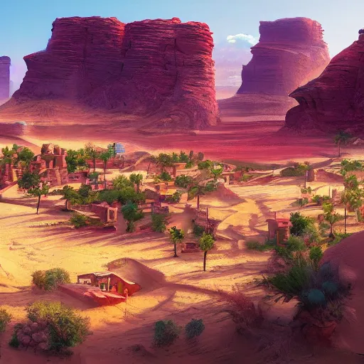 Prompt: A matte painting of a small desert town, vibrant, colorful, 4k, artstation, cgsociety