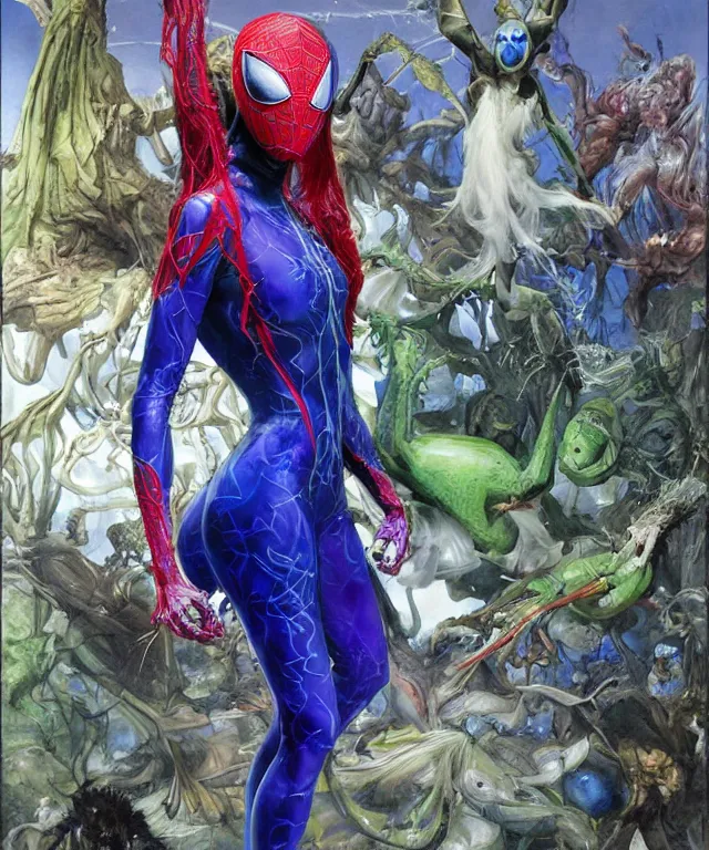 Image similar to a portrait photograph of spider gwen as a mutated harpy super villian with slimy amphibian blue skin. she is wearing a colorful living organic infected catsuit with tendrils and slime. by donato giancola, hans holbein, walton ford, gaston bussiere, peter mohrbacher and brian froud. 8 k, cgsociety, fashion editorial