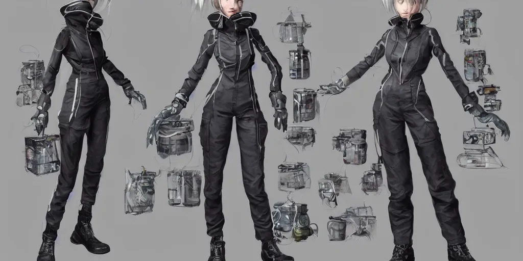 Image similar to A woman in scientist jacket with a system of straps and pouches for collecting material by Tetsuya Nomura with Ralph Horsley and Mario Testino, trending on artstation and pixiv clean sci-fi concept art and sheet for video game character from Capcom that will be used in unreal engine 5 with hyper detailed textures and cinematic light