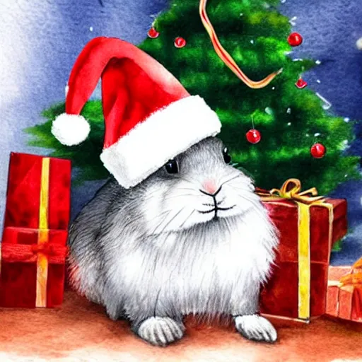 Image similar to a rabbit wearing a santa hat, places a christmas present underneath a christmas tree inside a cozy livingroom, realistic watercolour style