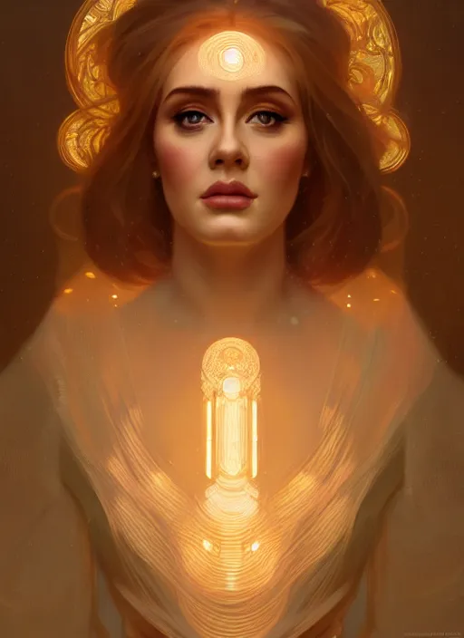 Image similar to portrait of adele, intricate, elegant, glowing lights, highly detailed, digital painting, artstation, glamor pose, concept art, smooth, sharp focus, illustration, art by wlop, alphonse mucha and greg rutkowski