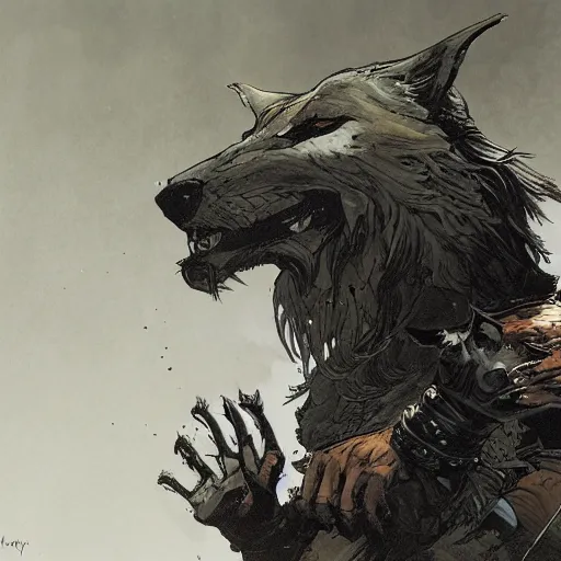 Prompt: king of the wolves. By Travis Charest, James Gurney, and Ashley Wood. dramatic lighting. Magic the gathering. digital painting.