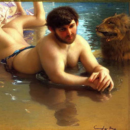 Image similar to a portrait of a furry in the pool, furry body, furry arms, furry legs, furry tail. highly detailed painting by gaston bussiere, craig mullins, j. c. leyendecker, furry